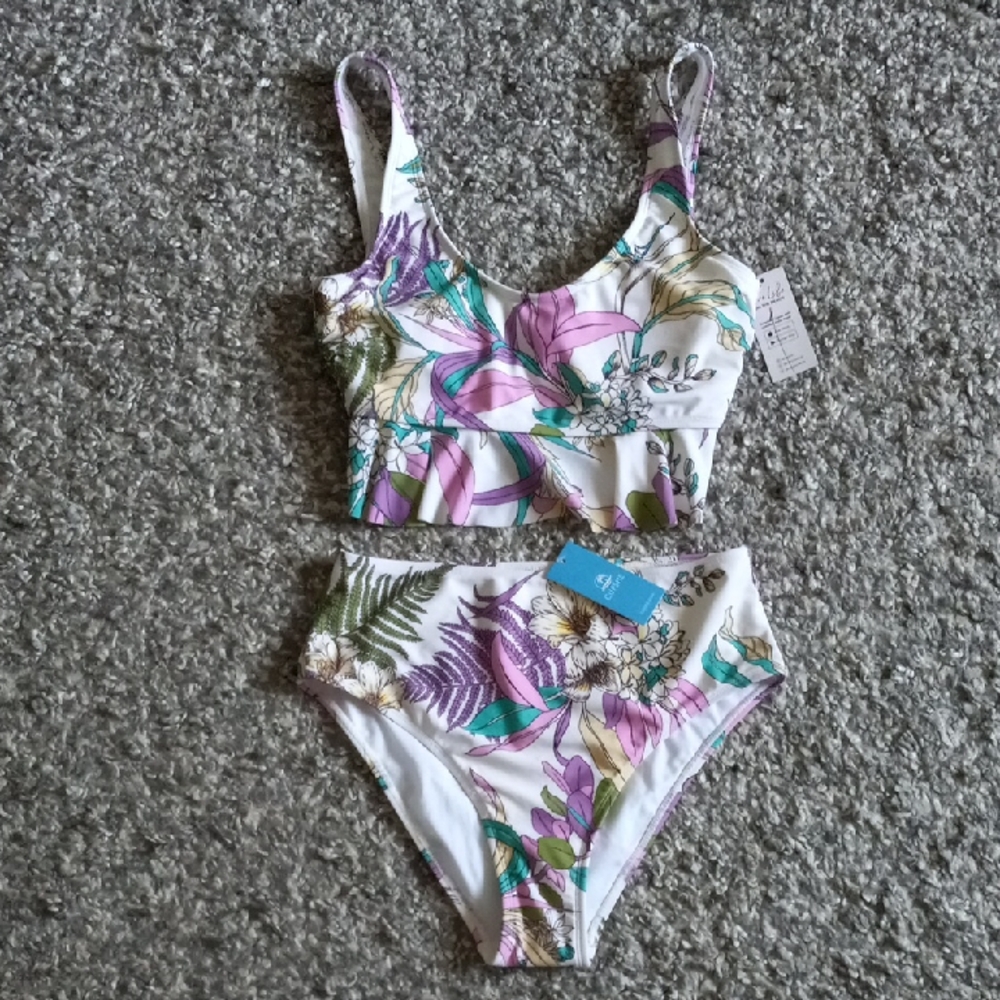 Cupshe Floral Print High-Waist Bikini Set in White, Lavender & Teal Size S NWT